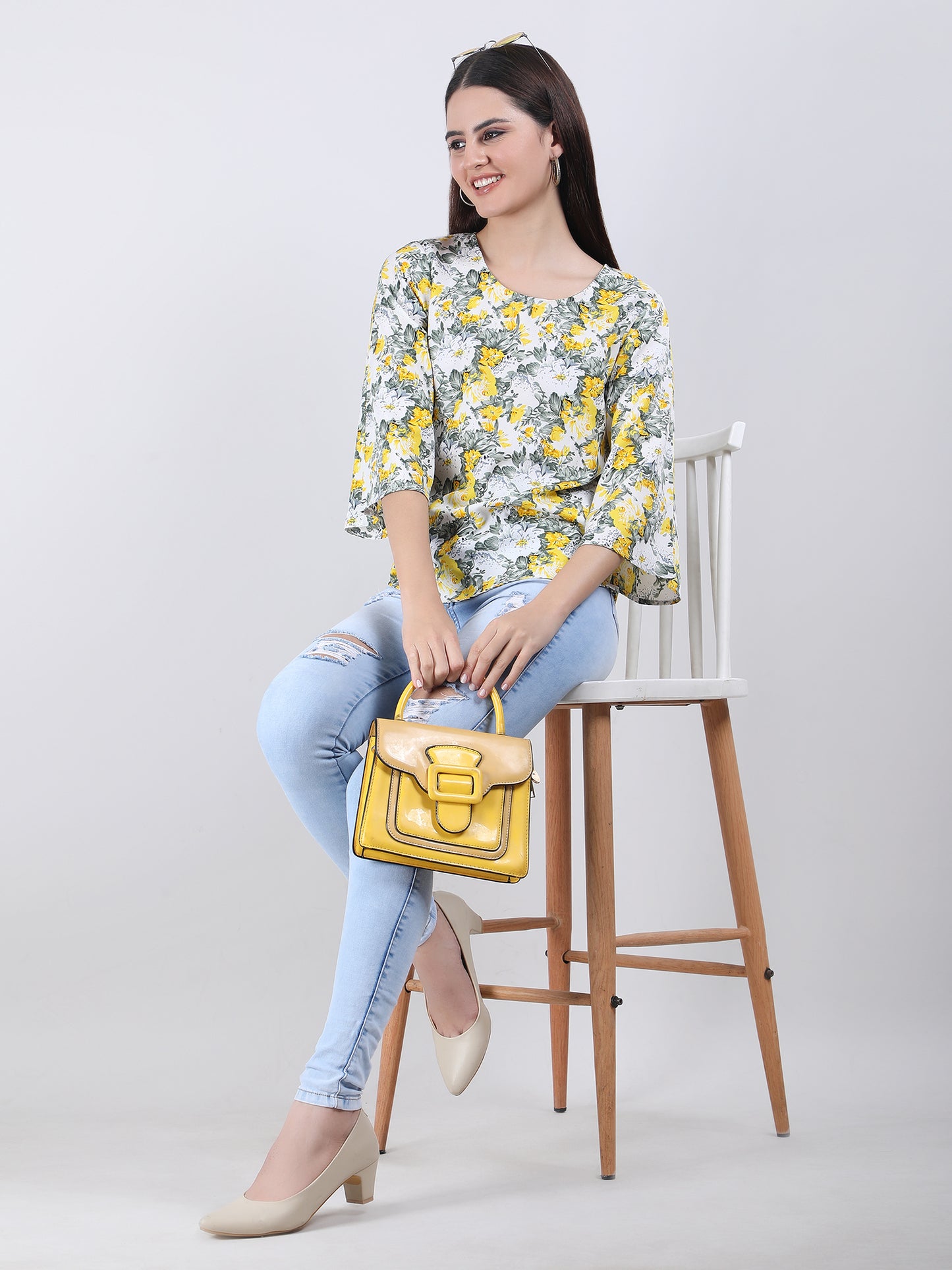 VAPPS Floral Print Crepe Round Neck Top -  Yellow