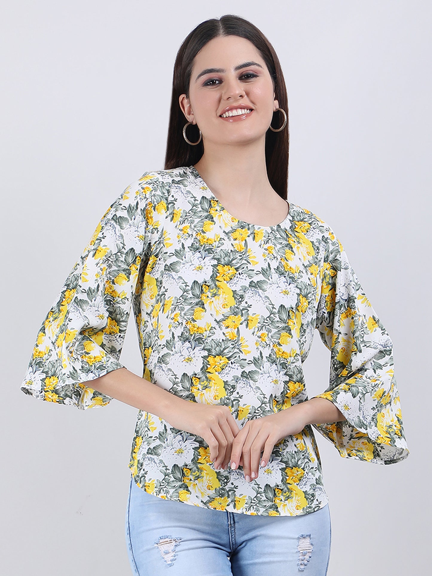 VAPPS Floral Print Crepe Round Neck Top -  Yellow