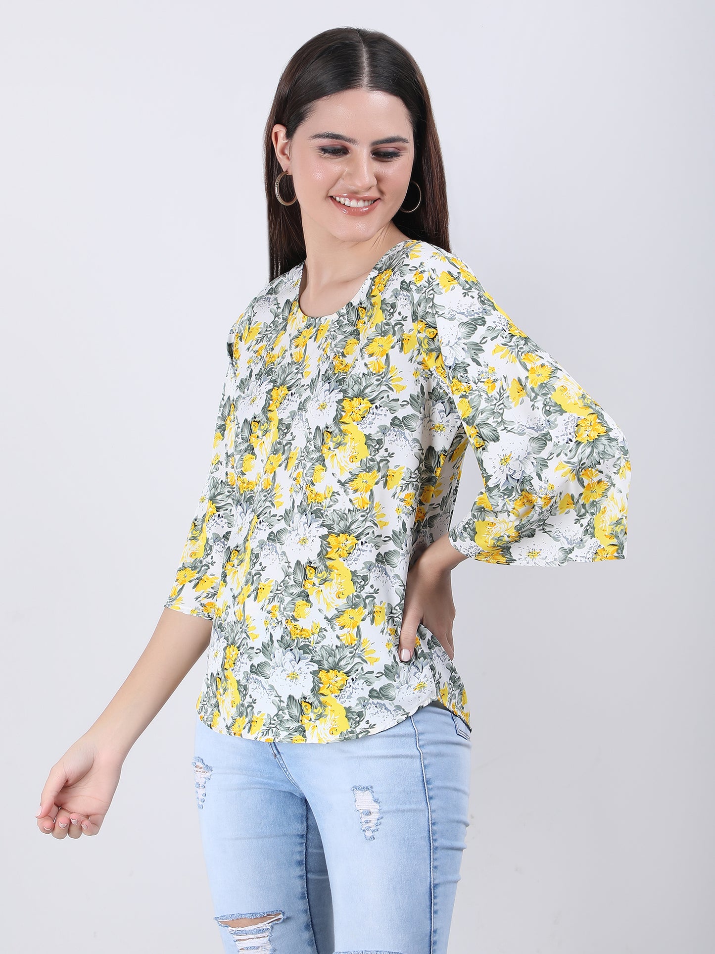 VAPPS Floral Print Crepe Round Neck Top -  Yellow