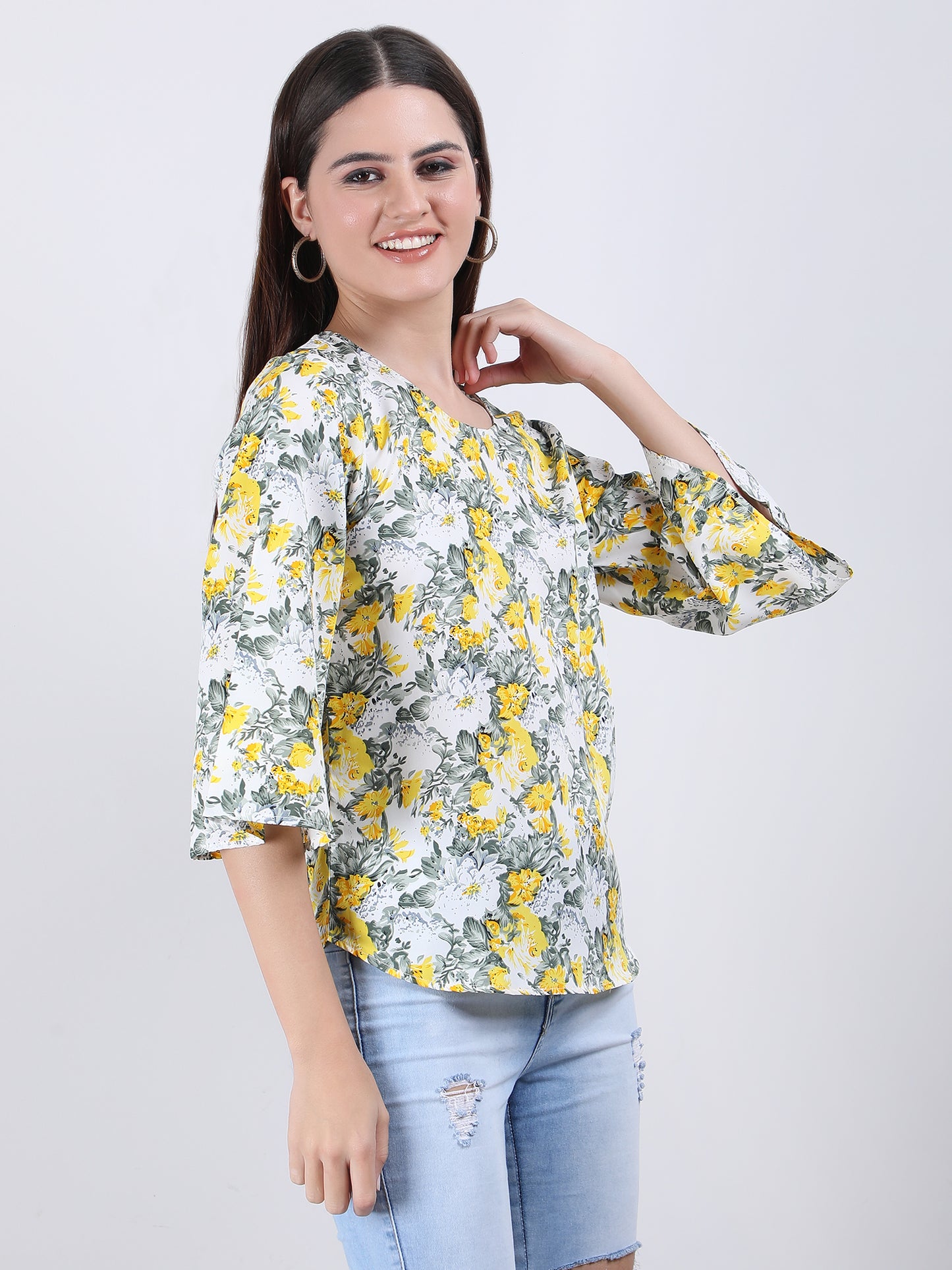 VAPPS Floral Print Crepe Round Neck Top -  Yellow