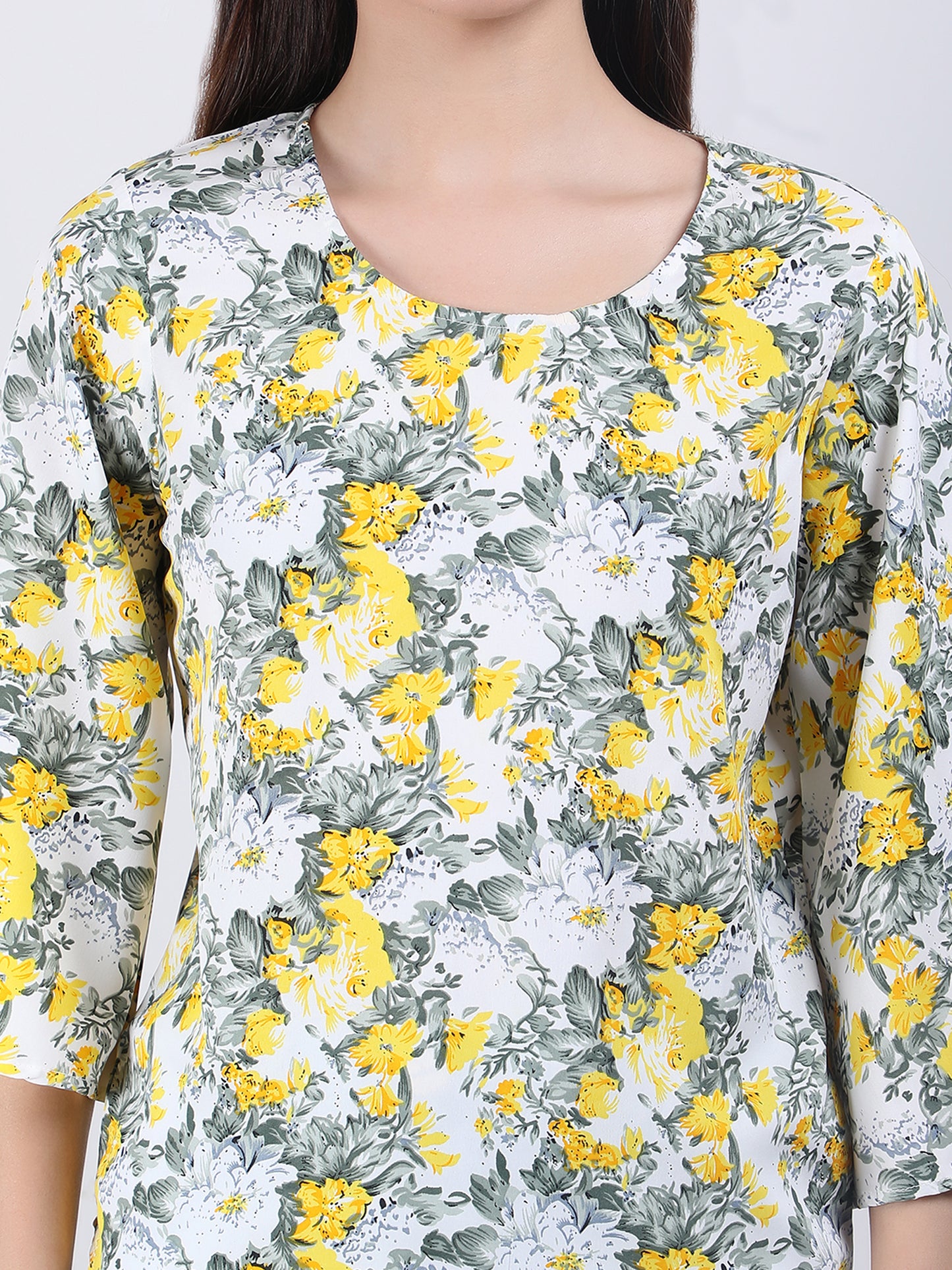 VAPPS Floral Print Crepe Round Neck Top -  Yellow