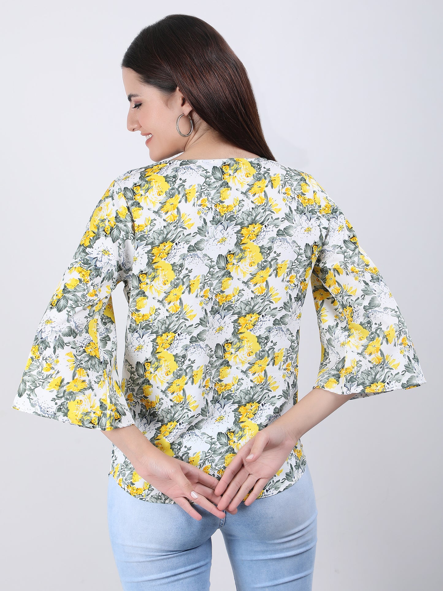 VAPPS Floral Print Crepe Round Neck Top -  Yellow