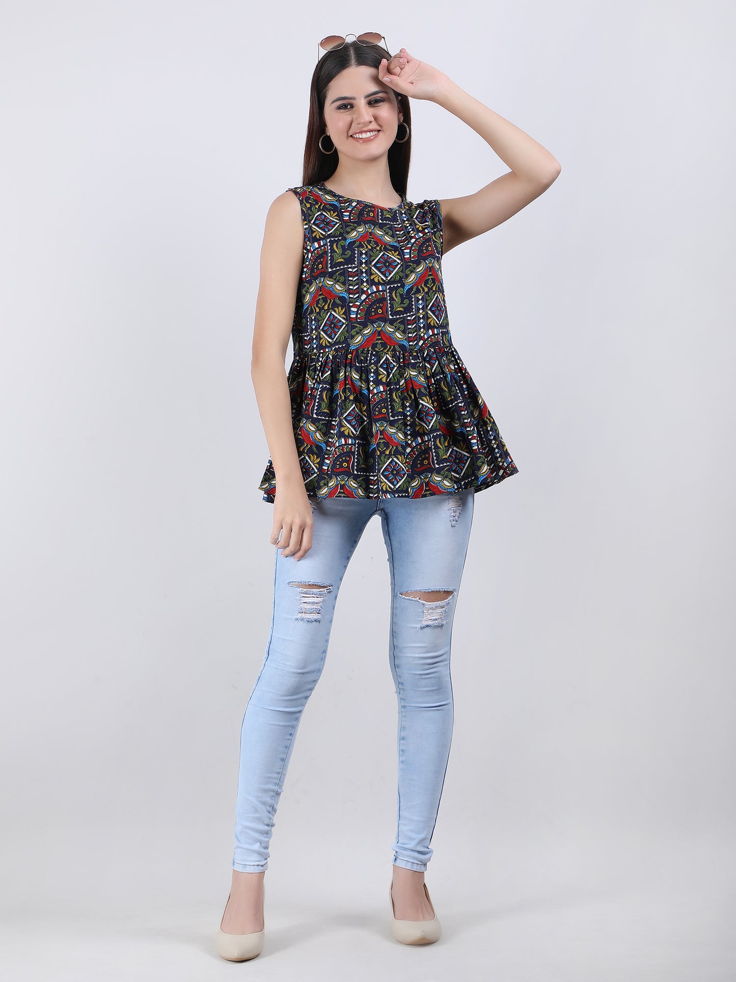 VAPPS Madhubani Print Crepe Round Neck Top -  Navy Blue