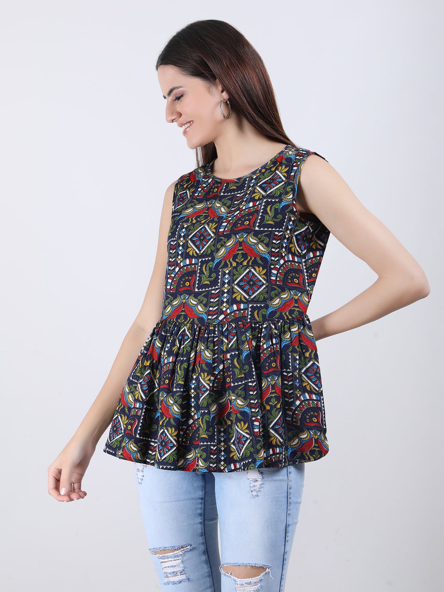 VAPPS Madhubani Print Crepe Round Neck Top -  Navy Blue