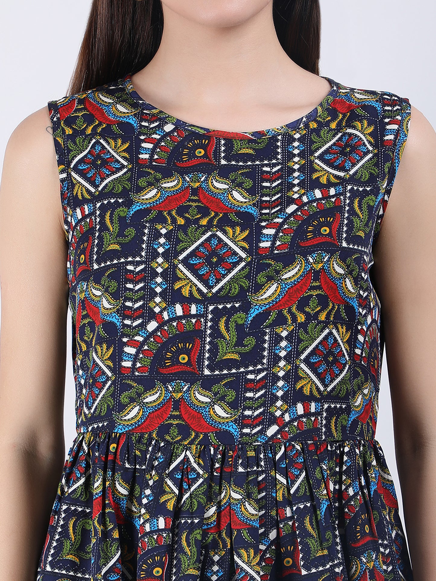 VAPPS Madhubani Print Crepe Round Neck Top -  Navy Blue