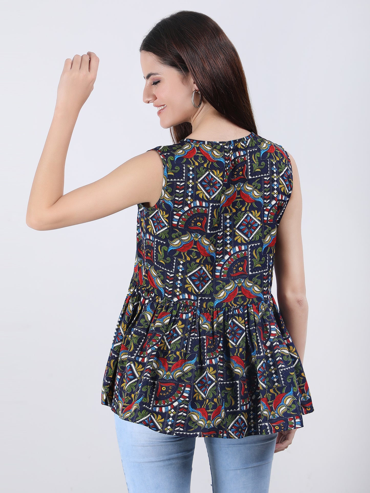 VAPPS Madhubani Print Crepe Round Neck Top -  Navy Blue