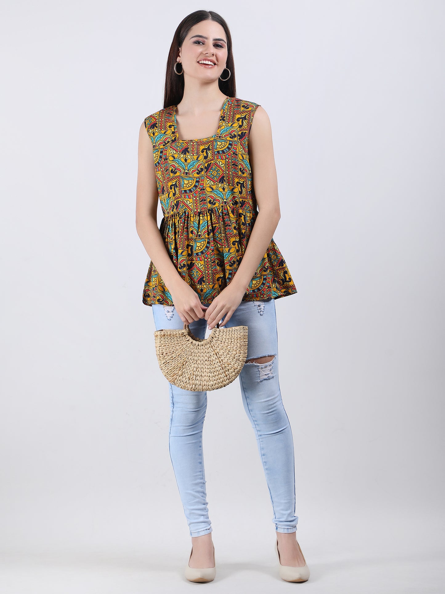 VAPPS Madhubani Print Crepe Round Neck Top -  Yellow