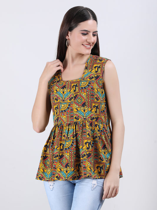 VAPPS Madhubani Print Crepe Round Neck Top -  Yellow