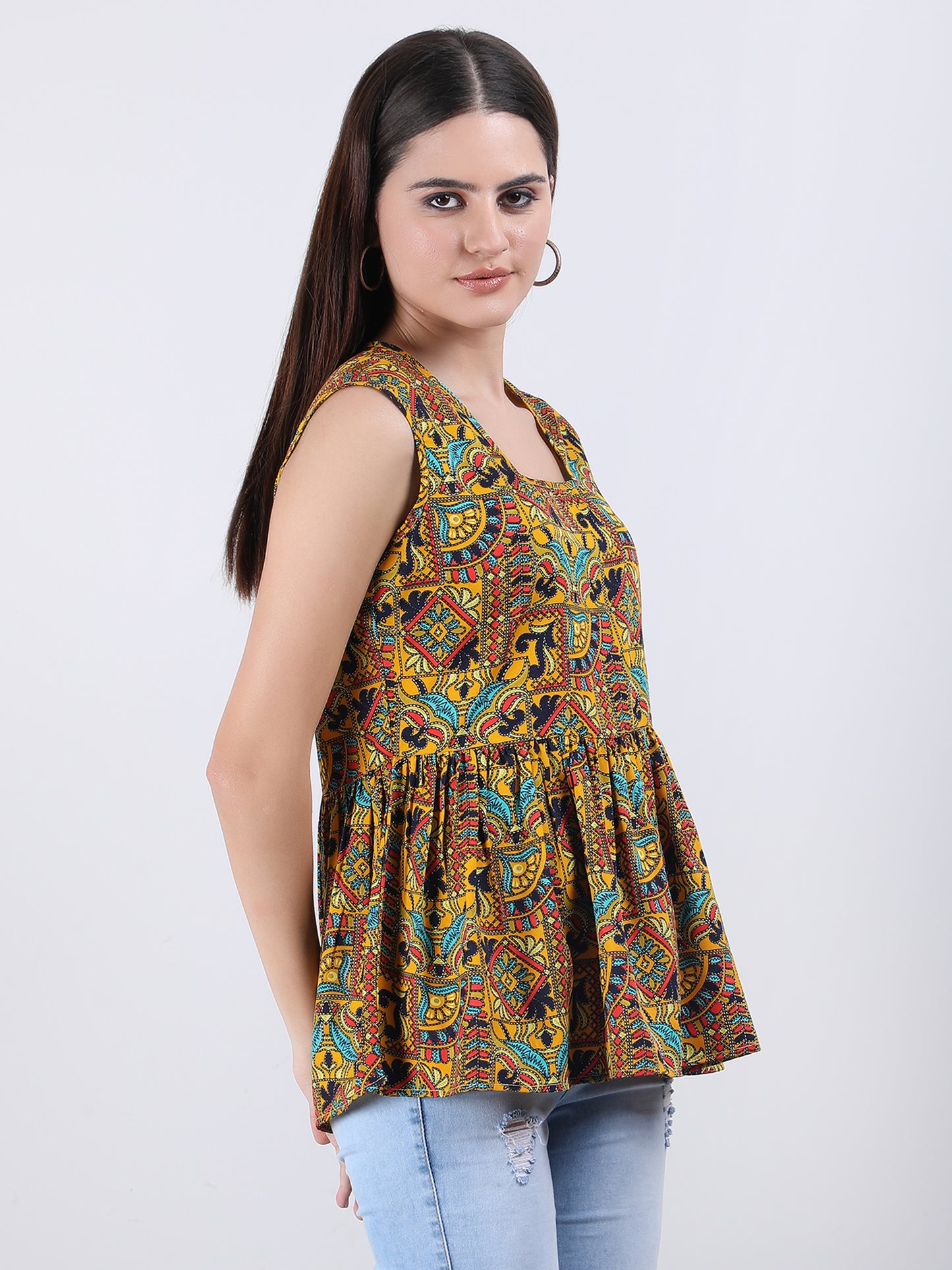 VAPPS Madhubani Print Crepe Round Neck Top -  Yellow