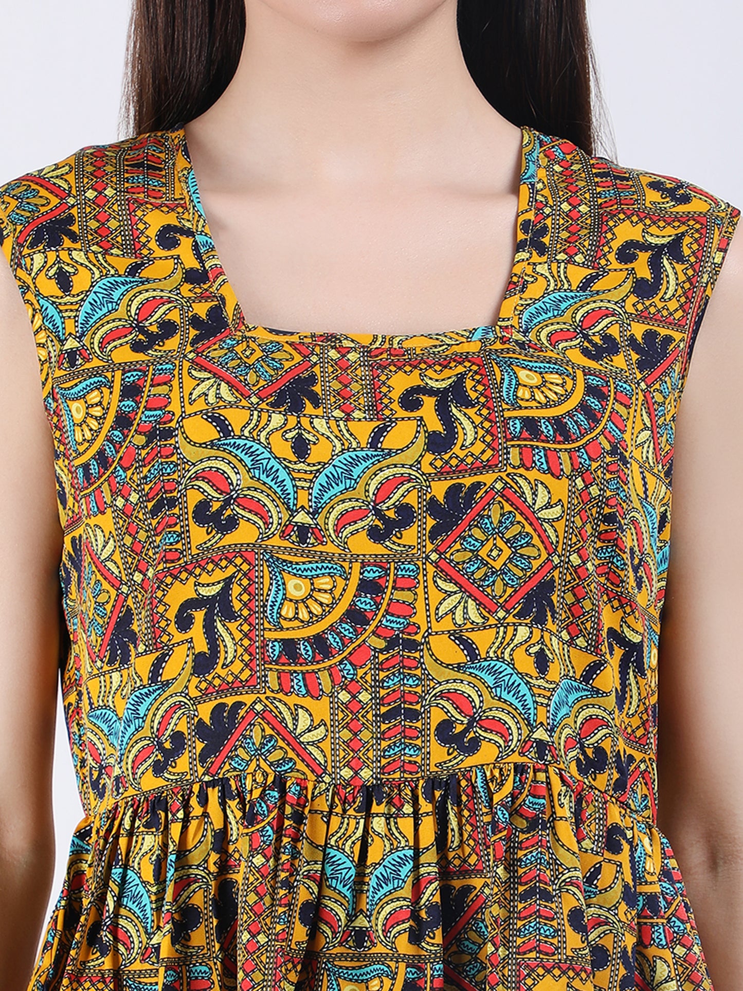 VAPPS Madhubani Print Crepe Round Neck Top -  Yellow