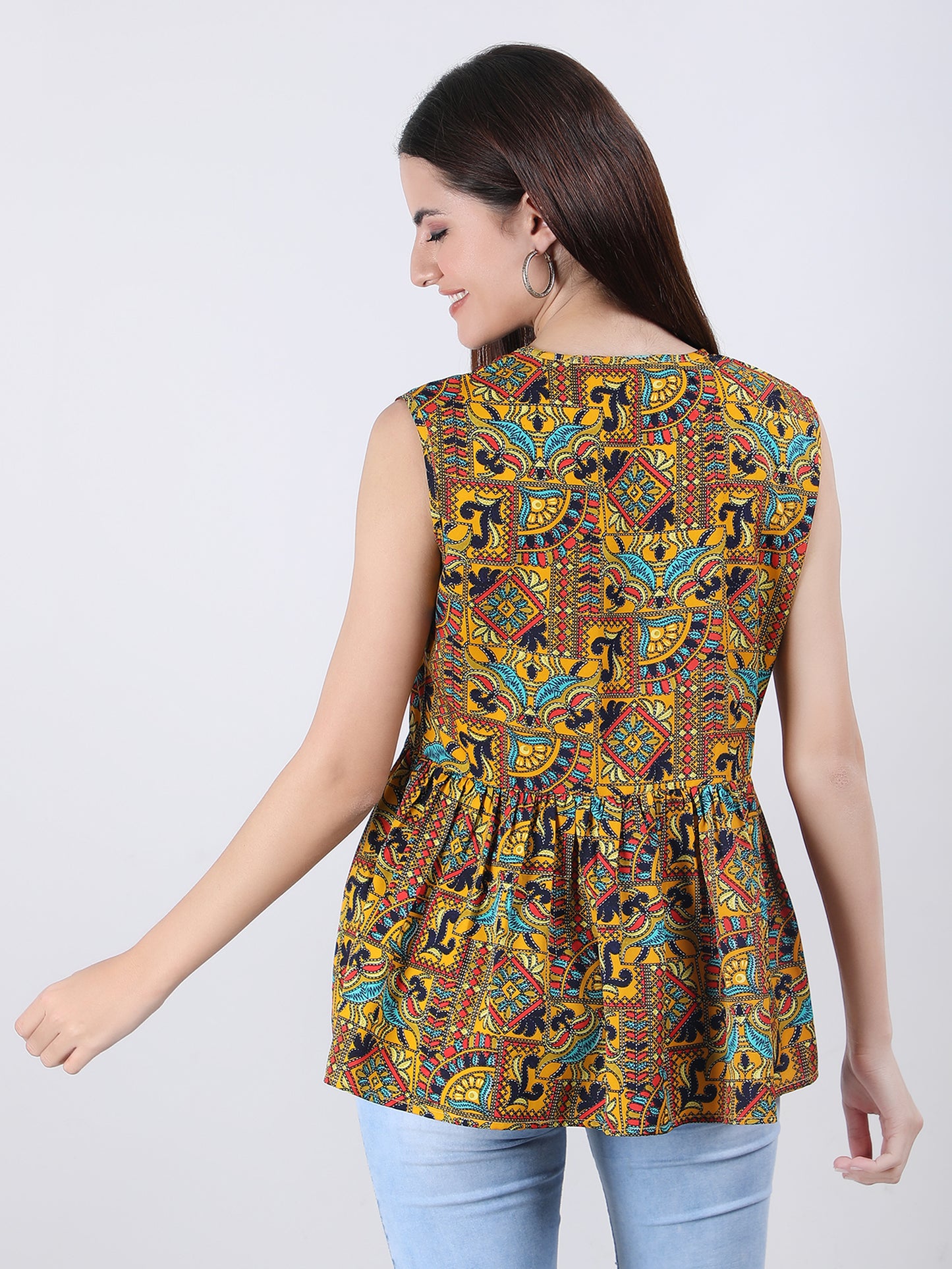 VAPPS Madhubani Print Crepe Round Neck Top -  Yellow