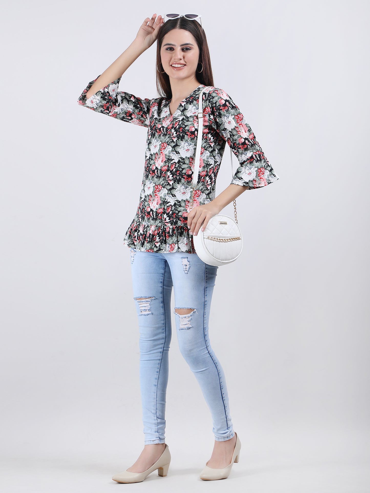 VAPPS Floral Print Crepe V Neck Top