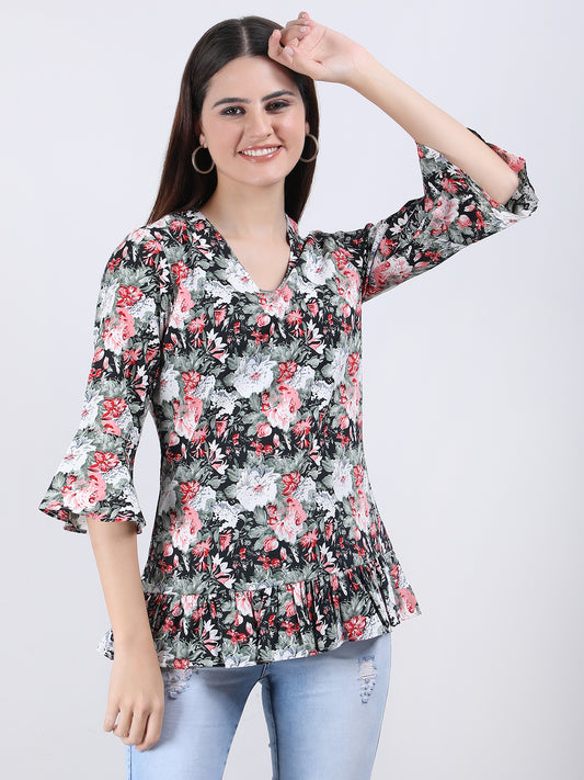 VAPPS Floral Print Crepe V Neck Top