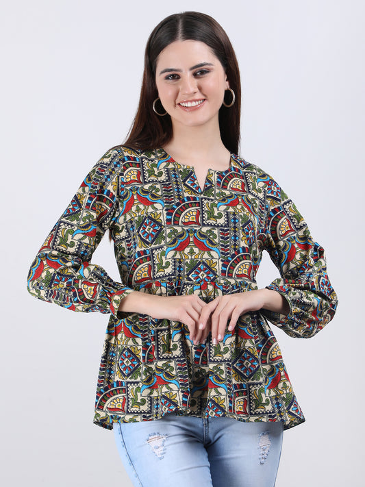 VAPPS Madhubani Print Crepe Round Neck Top