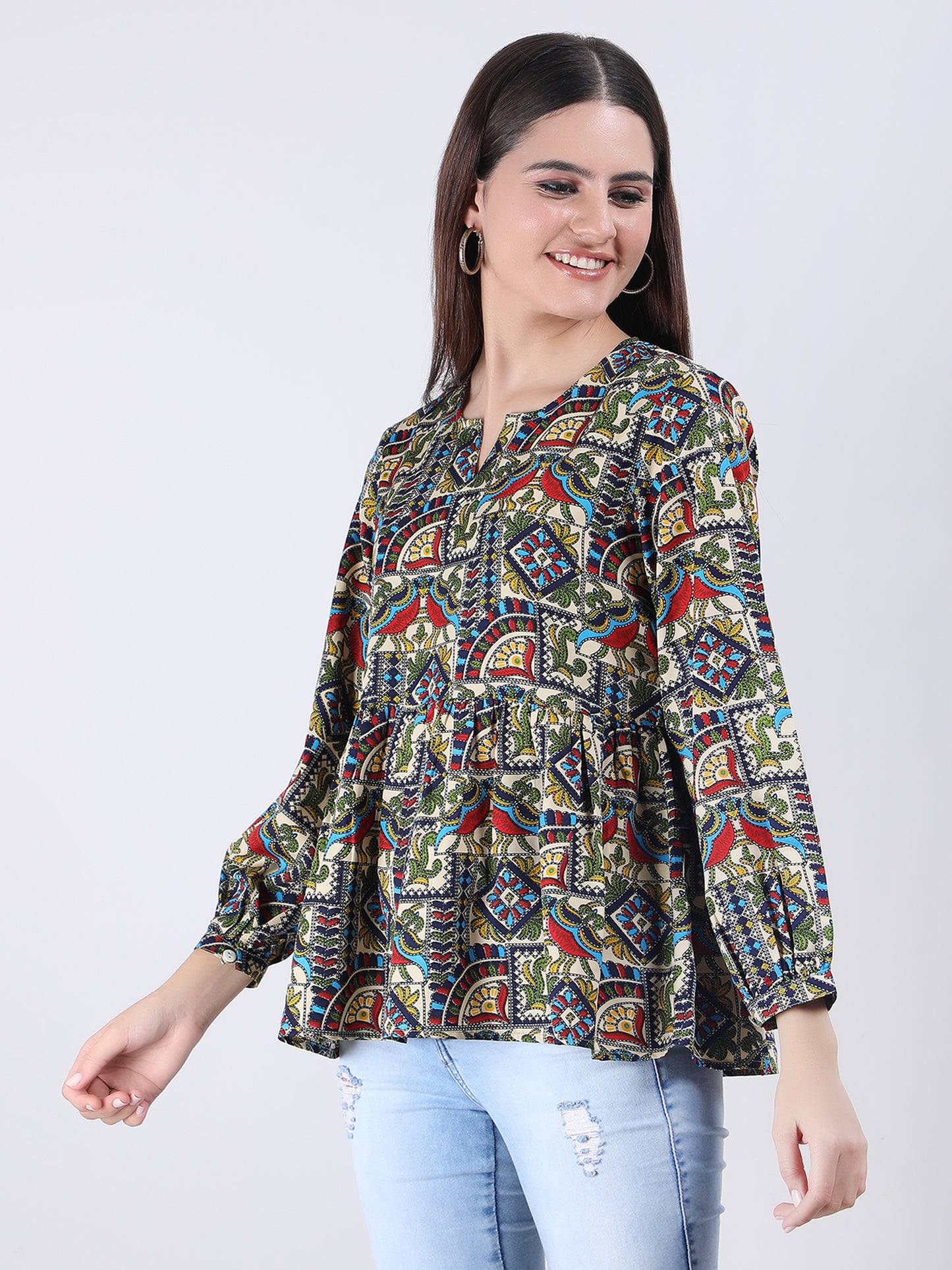 VAPPS Madhubani Print Crepe Round Neck Top