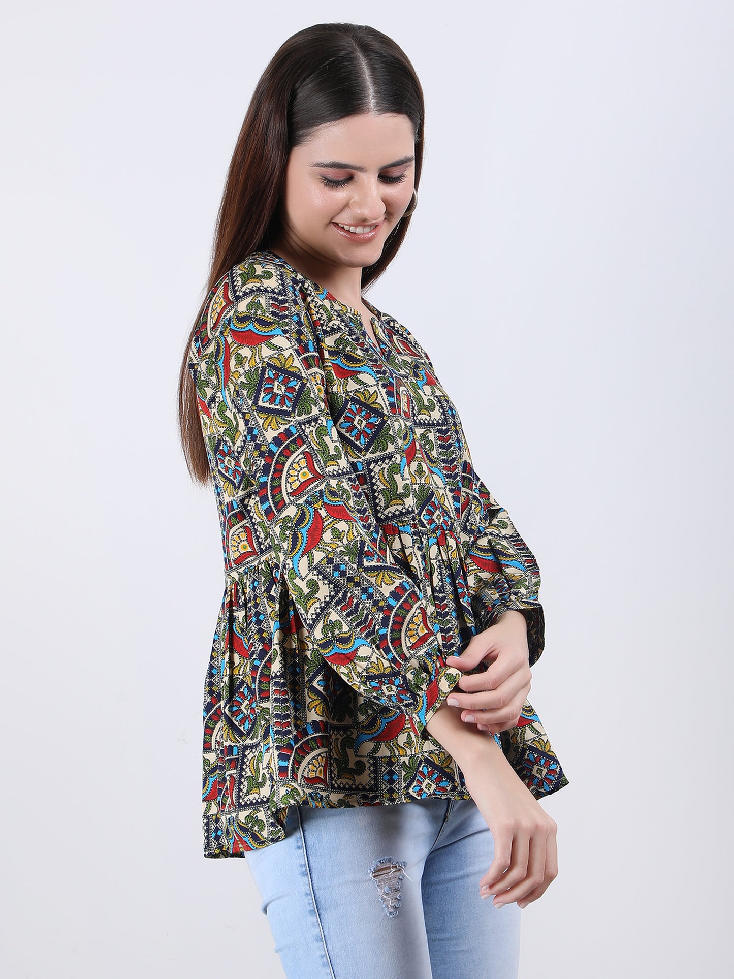 VAPPS Madhubani Print Crepe Round Neck Top