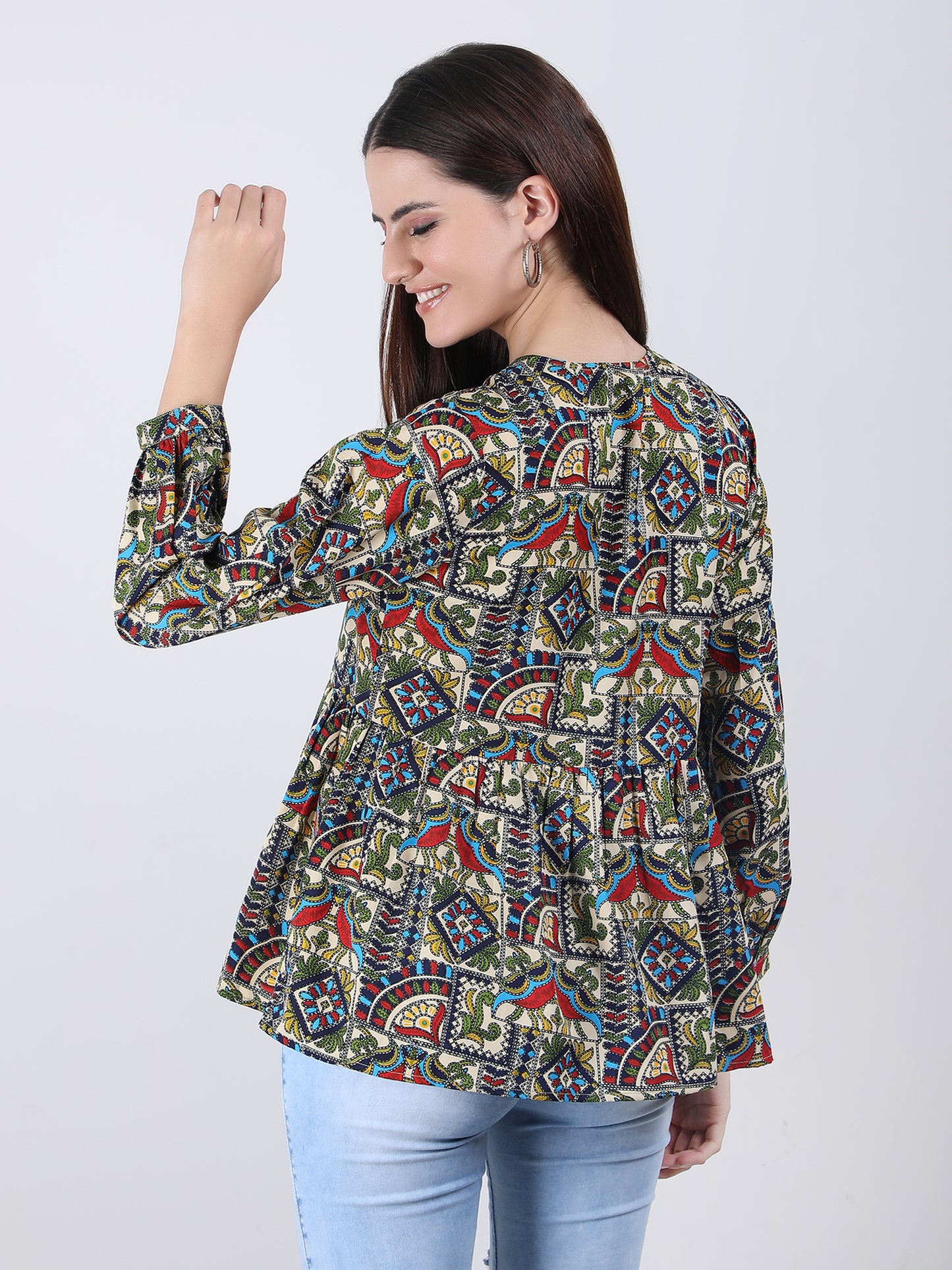 VAPPS Madhubani Print Crepe Round Neck Top