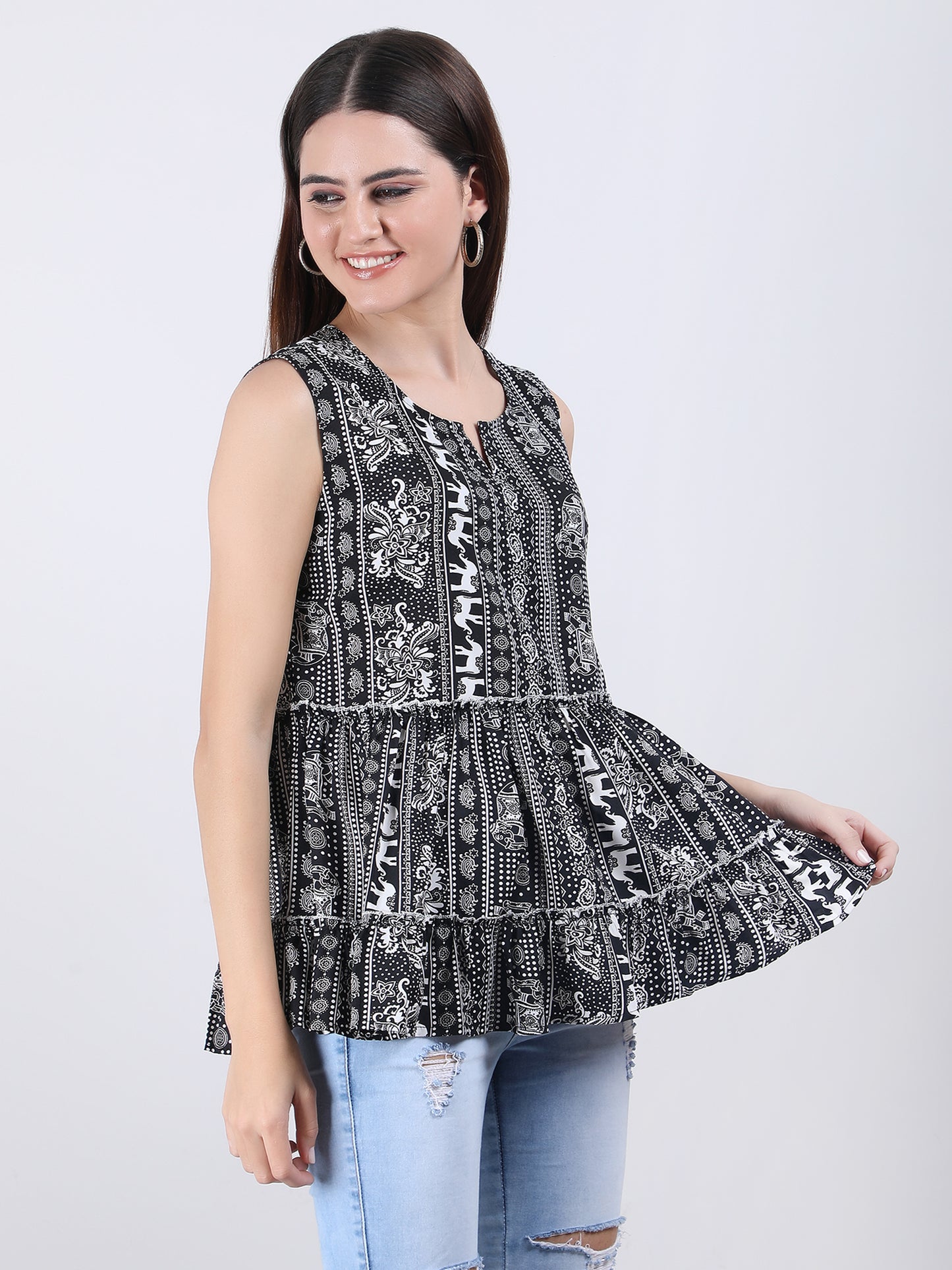 VAPPS Madhubani Print Crepe Round Neck Top -Black