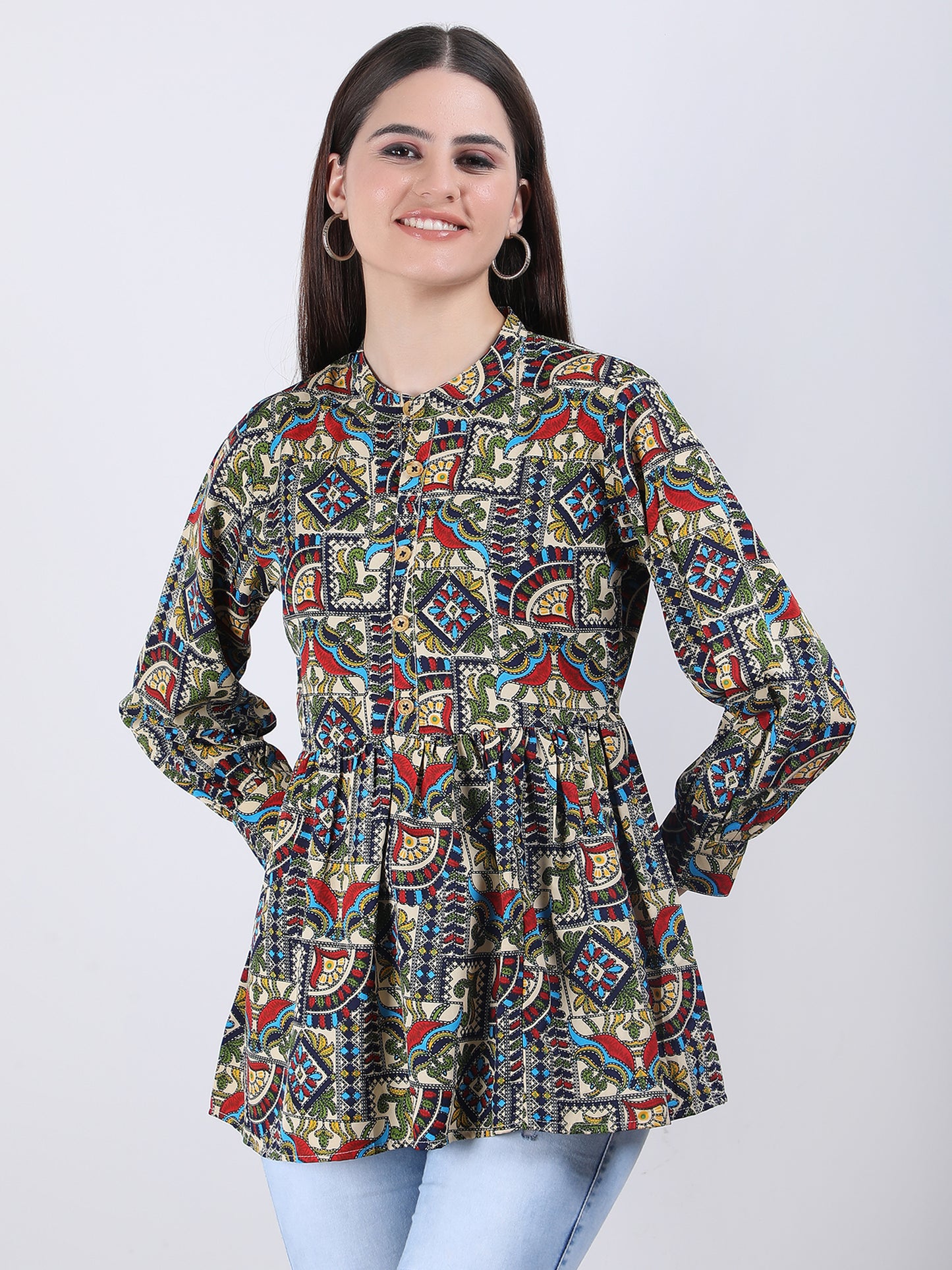 VAPPS Madhubani Print Crepe Round Collar Neck Top