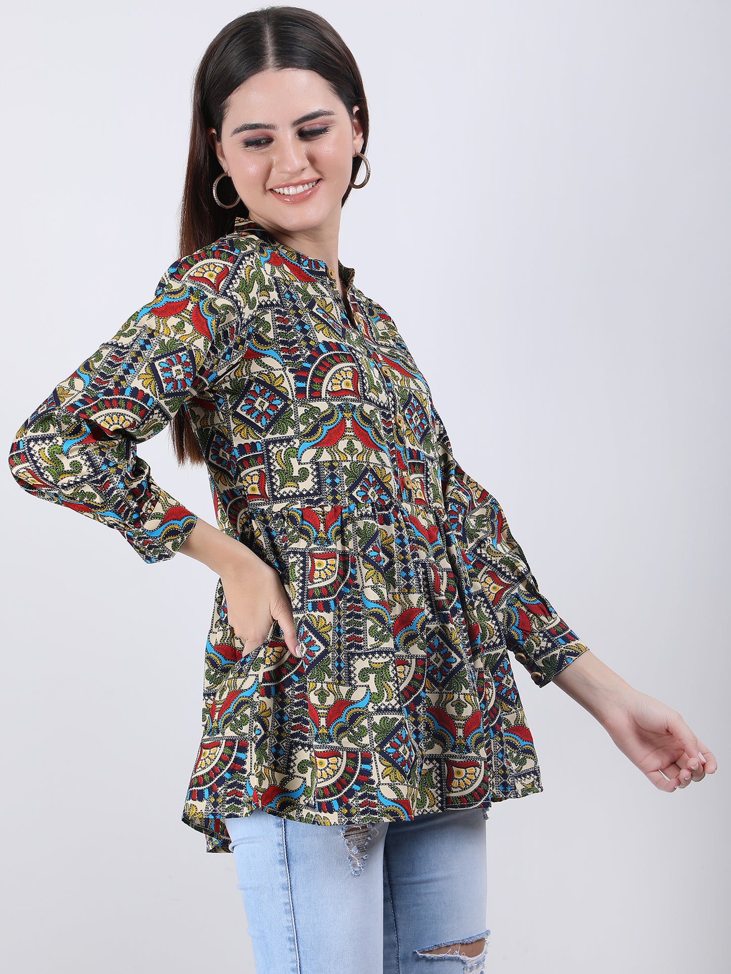 VAPPS Madhubani Print Crepe Round Collar Neck Top