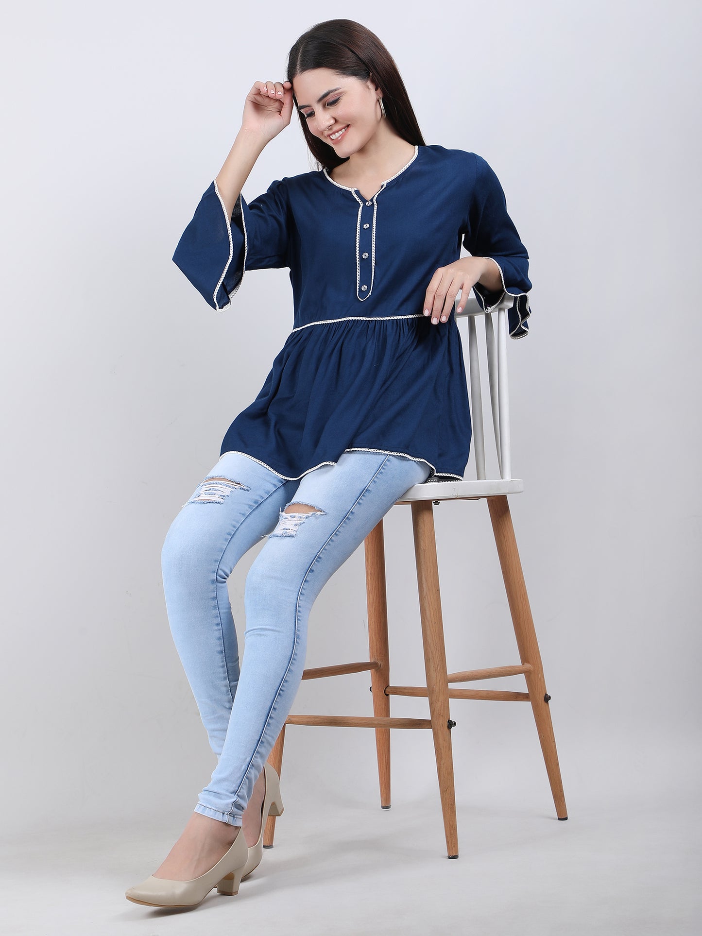 VAPPS Rayon Round Neck Top - Blue