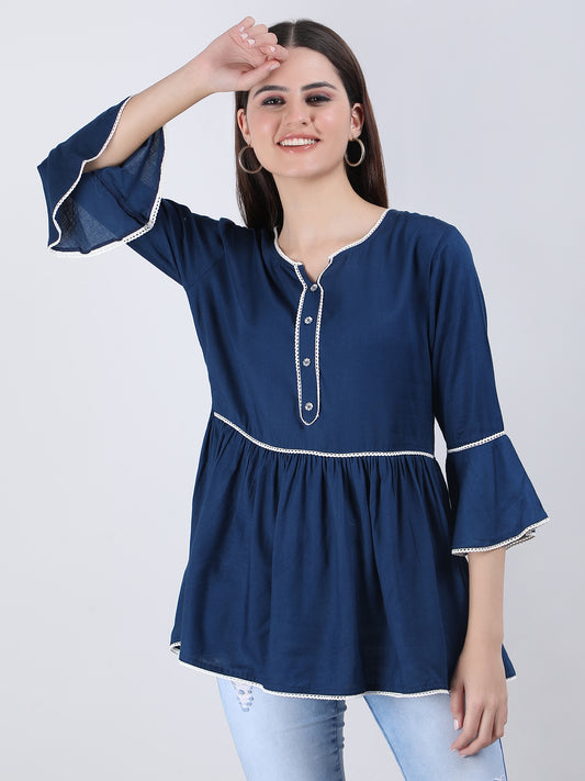 VAPPS Rayon Round Neck Top - Blue